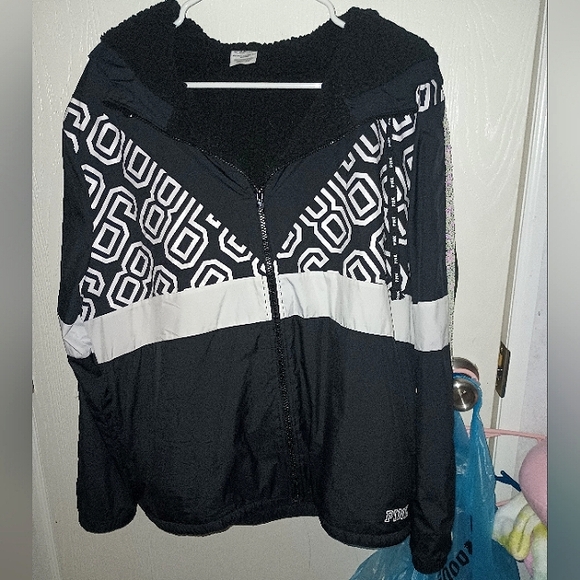 M/L Pink Victoria's Secret Windbreaker Black & White Anorak Jacket Coat - Picture 4 of 12